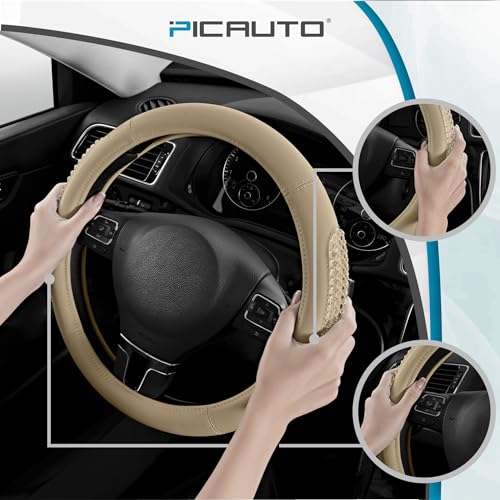 PIC AUTO Steering Wheel Cover, Glitter Gel Particles & Beige Luxury Leather Car Steering Cover, Universal Fit 14.5"-15.5" Anti-Slip Car Wheels Cover for Girls & Women - color: Beige