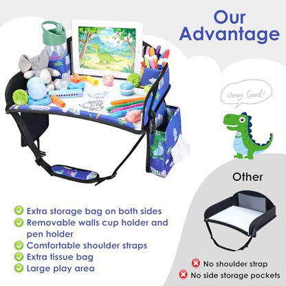 Kids Travel Tray for Airplane - Toddler Car Seat Table Tray, Road Trip Essentials for Boys & Girls, Carseat Lap Desk for Kids Road Trip Activities,Blue Dinosaur - color: Blue Dinosaur