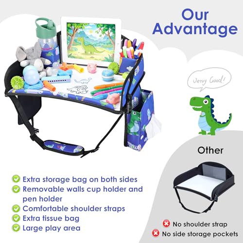 2PCS Kids Travel Tray for Airplane - Toddler Car Seat Table Tray, Road Trip Essentials for Boys & Girls, Carseat Lap Desk for Kids Road Trip Activities (Blue Dinosaur/Purple Mermaid) - color: Blue Dinosaur/Purple Mermaid--2PCS