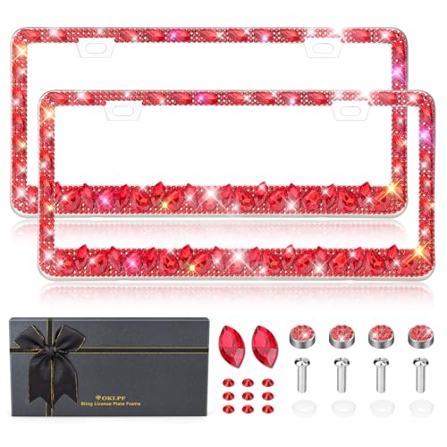 OKLPF Rhinestone Bling License Plate Frames for Women - Sparkle with Glitter Crystals & Diamond Bedazzled License Plate Cover, Fits Standard US Plates, Comes with Anti-Theft Screws & Gift Box(Red) - color: Red, size: 2pc