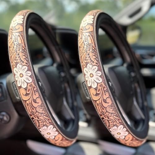 Western Cowboy Steering Wheel Cover Leather, Retro Car Tooled Leather Steering Wheel Cover, Embossed Hand-Painted Universal Anti-Slip - color: T Colors