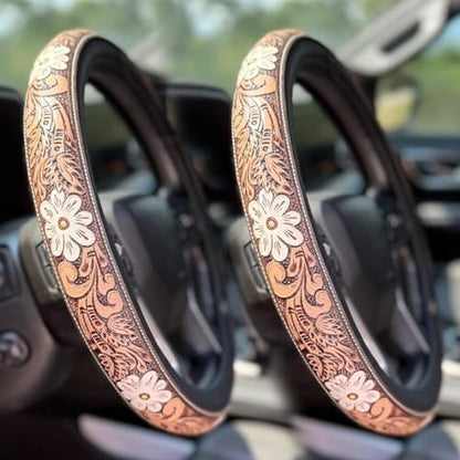 Western Cowboy Steering Wheel Cover Leather, Retro Car Tooled Leather Steering Wheel Cover, Embossed Hand-Painted Universal Anti-Slip - color: T Colors