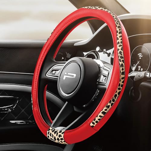Road Comforts Steering Wheel Cover - Made with PVC Leather and Leopard Fabric - Universal 14 1/2 inches to 15 inches for Most Automotive Steering Wheel - Cheetah Print -Red - color: Round-Red
