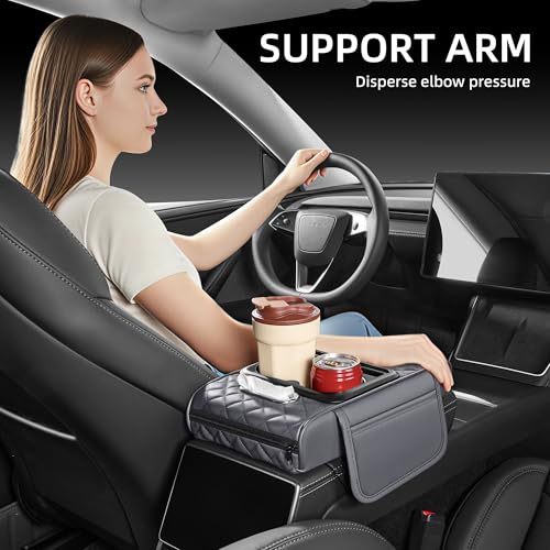 5 in 1 Car Center Console Cover, Armrest Pad with 2 Storage Pockets, Cup Holder, Tissue Box Slot, Phone Holder, Universal Car Interior Organizer (Gray) - color: Gray