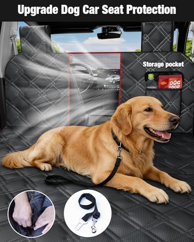 Dog Car Seat Cover for Back Seat Compatible with Tesla Model Y — Hard Bottom Pet Travel Hammock with Seat Extender, Waterproof Backseat Dog Cover with Door & Headrest Protectors - size: Tesla Dog Car Seat - Hard Bottom