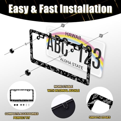 Black White Sea Animals License Plate Frame Shell Seahorse License Plate Holders Ocean Funny Stainless Steel Car Bracket 2 Holes With Screws Universal Auto Accessory License Plate Frames 6.2x12.2 Inch - color: Funny Sea Animals Seahorse Shell Fish