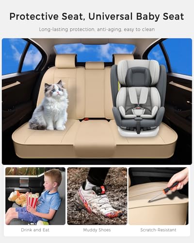 Huidasource Beige Rear Seat Cover, Nappa Leather Back Seat Cover with Ventilation Holes, Velcro Adjustable, Compatible with Seat Belts, Child Safety Seats, Fit for Most Cars SUV Truck, Beige - color: R# Beige, size: Back Seat Cover