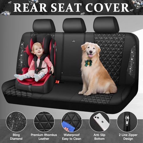 CAR PASS Bling Back Seat Cover, Waterproof Leather Bench Rear Seat Cover Shining Diamond Truck Glitter Crystal Sparkly Rhinestone Universal Fit Armrest Automotive Kid Women Girl, Black Diamond - color: Black Rear, size: Rear Seats