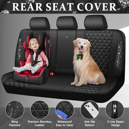 CAR PASS Bling Back Seat Cover, Waterproof Leather Bench Rear Seat Cover Shining Diamond Truck Glitter Crystal Sparkly Rhinestone Universal Fit Armrest Automotive Kid Women Girl, Black Diamond - color: Black Rear, size: Rear Seats