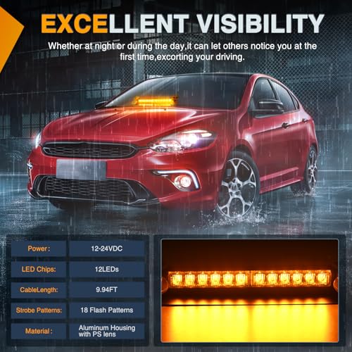 Nilight 12LED Traffic Advisor Strobe Light Bar Amber Emergency Warning Hazard Safety Dash Front/Rear Windshield Flashing Lights for Cars Trucks Police Firefighter Plow Construction Vehicles - color: Amber