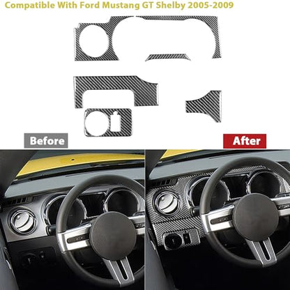 Real Carbon Fiber Car Instrument Cluster Panel Central Console Cover Trim Stickers Compatible with Ford Mustang GT Shelby 2005 2006 2007 2008 2009 6PCS - color: Console Kit-black