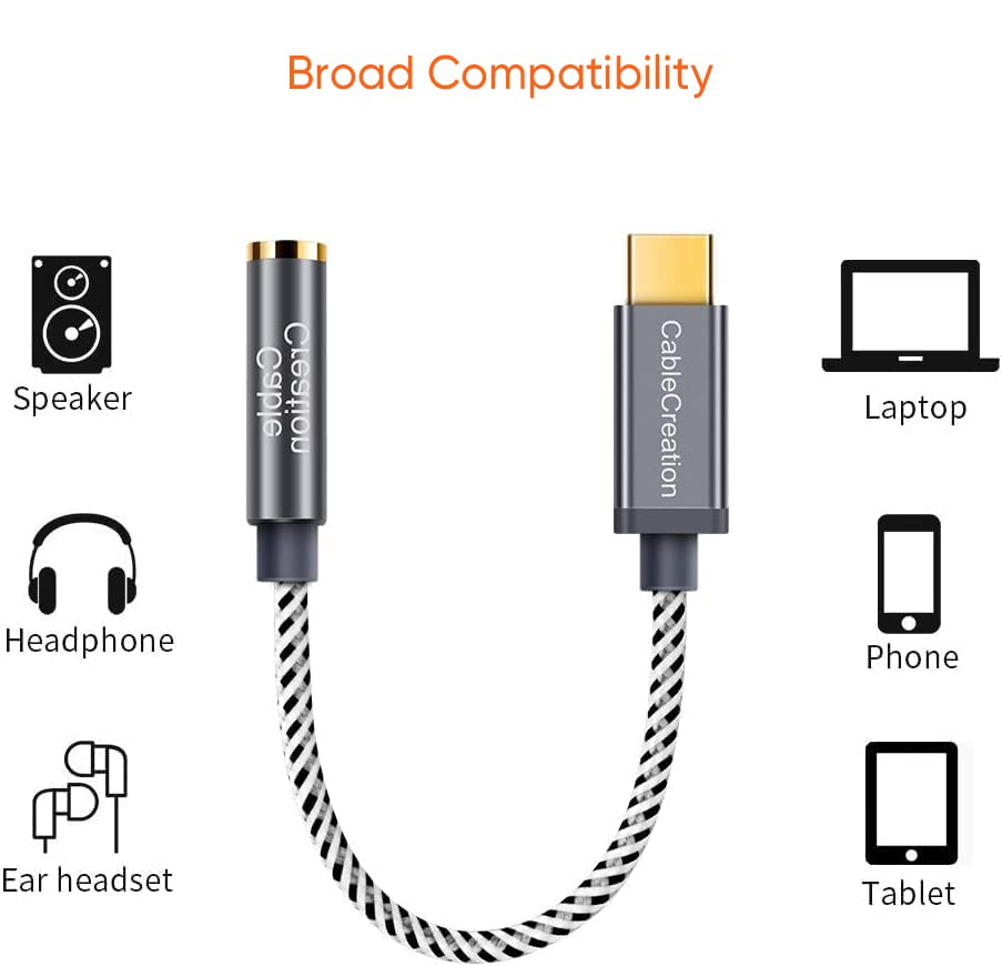 CableCreation USB C to 3.5mm Audio Adapter, Type C to Headphone Adapter, USB C to Aux 24bit/96kHz HiFi DAC Cable for iPhone 16 15 Pro Max/15 Pro/15 Plus, iPad, Galaxy S24 S23 Ultra, Pixel 9, 0.33 ft - style: USB C+3.5mm Audio (1-Port)