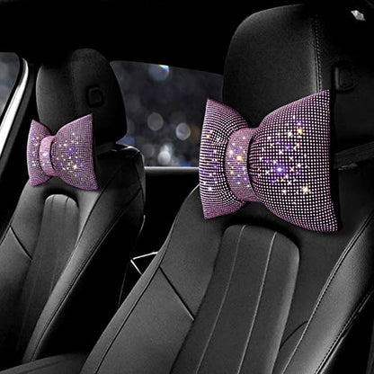 surpassme 2PCS Rhinestone Car Headrest Neck Pillow for Driving with Bling Bling Crystal Bow Pillow Car Accessories for Women (Pink) - color: 2 Pink Pillows