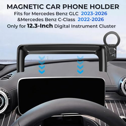 Car Phone Holder for Mercedes Benz GLC 2023-2026 & C-Class 2022-2026 (Only for 12.3-Inch Screen) 360° Rotation Magnetic Cell Phone Mount, Compatible with Magsafe, Does Not Affect Air Vent - style: Fit for 23-26 GLC & 22-26 C-Class, 12.3-Inch
