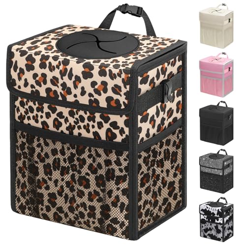 Capolo Car Trash Can with Lid, Leakproof Car Trash Bag Hanging Waterproof Automotive Garbage Can with Storage Pockets Mini Vehicle Trash Bin for Back/Front Seat(Leopard,2.5 Gallon) - color: Leopard, size: 2.5 Gallons