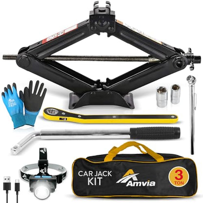 Car Jack Kit | Scissor Jack for Car 3 Ton (6,600 lbs) - Tire Jack Tool Kit | Portable, Ideal for SUV and Auto - Universal Kit with Lug Wrench | Heavy Duty Material - size: Car Jack Kit 3 Ton + Lug Wrench