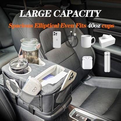 Auto Center Console Cup Holder Organizer, Universal PU Leather Armrest Storage Box with Tissue Holder & Side Pockets, Multi-use for Car Front/Back Seat, Truck, RV, Boat