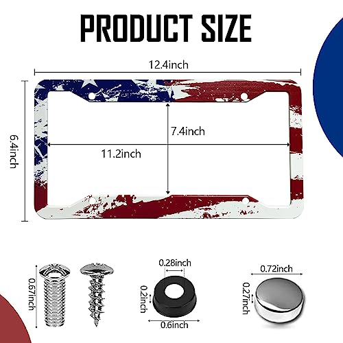 Patriotic American Flag License Plate Frame Holder - 2 Pack Retro Universal Aluminum Matte Stripe US Flag Gloss Car License Plate Frame Covers with Free Screws Fasteners Caps - color: Matte American flag