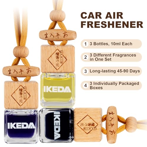 Ikeda Car Air Freshener, Hanging Essential Oil Diffuser For Automotive, 45+ days Long Lasting Fragrance, Includes: Dark Night and Coconut and New Car (10ml Pack of 3)