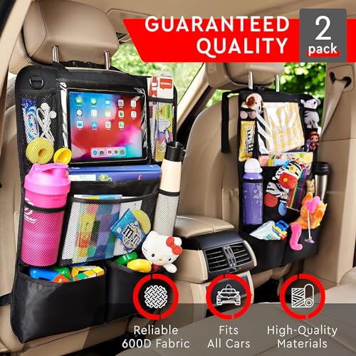 Trail maker 2 Pack Backseat Car Organizer, Kick Mats Back Seat Protector with Touch Screen Tablet Holder, Back Seat Organizer for Kids, Travel Accessories with 9 Storage Pockets