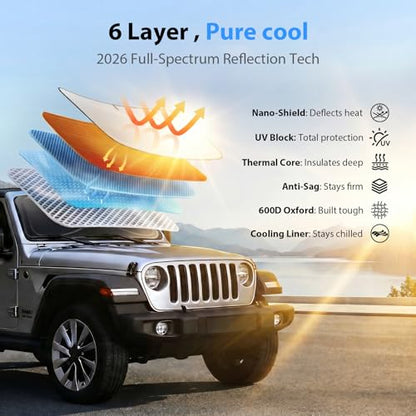 Upgraded Windshield Sun Shade for Jeep Wrangler 2000-2026 and Gladiator [Super Heat Insulation, 99.9% Sun Protection] Foldable Sunshade with Storage Bag, Car Accessories, XS (59 x 21 in) - size: Xs | 59"l X 21"w
