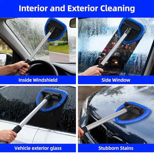 desin Windshield Cleaning Tool, Car Window Cleaner Windshield Cleaner with 4 Reusable and Washable Microfiber Pads and Extendable Handle Auto Inside Glass Wiper Kit - color: Blue