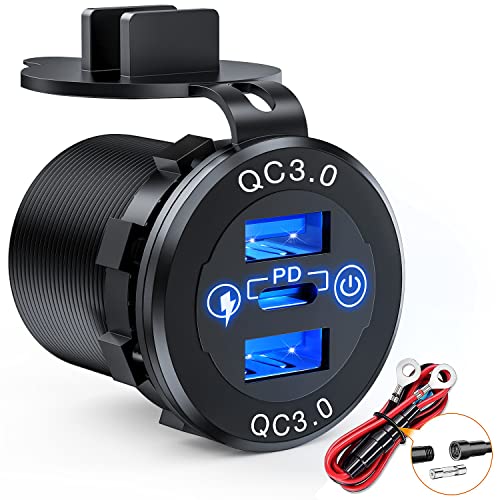 Nilight Dual USB Socket PD Type C and QC3.0 12V 24V Car Outlet ON Off Touch Switch Fused Wire Kit for Cars Trucks RVs Campers - size: PD Type C and Dual USB