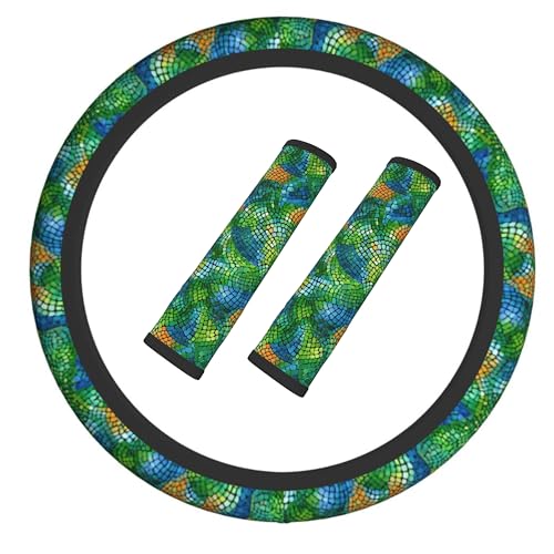 Colorful Snake Skin Steering Wheel Cover Elastic Non-Slip Car Steering Wheel Covers with Seat Belt Shoulder Pad for Women Men - color: Colorful Snake Skin