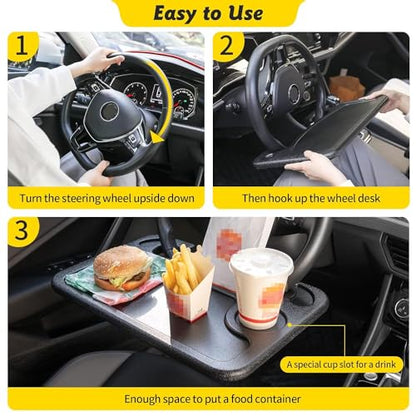 Oshotto Car Steering Wheel Desk | Food Table for Car | Laptop/Notepad| Seat Gap Storage Box for All Cars Black