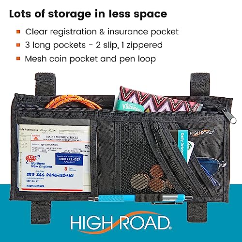 High Road Car Visor Organizer with Secure Zip Pockets, Sunglasses Holder and Clear Registration and Insurance Pocket - Heavy Duty Straps Fit Most Car, SUV and Truck Visors