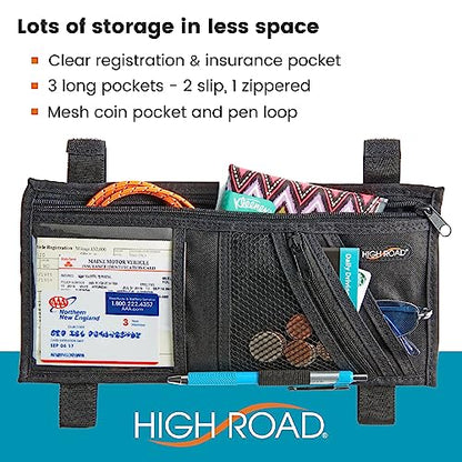 High Road Car Visor Organizer with Secure Zip Pockets, Sunglasses Holder and Clear Registration and Insurance Pocket - Heavy Duty Straps Fit Most Car, SUV and Truck Visors