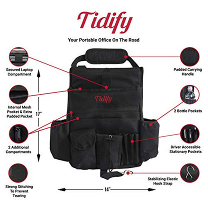 Tidify Car Front Seat Organizer [2025 UPDATED] with Dedicated Tablet and Laptop Storage Stabilizing Side Straps Soft Adjustable Shoulder Strap and Hardened Buckles Your Office Away from Office.