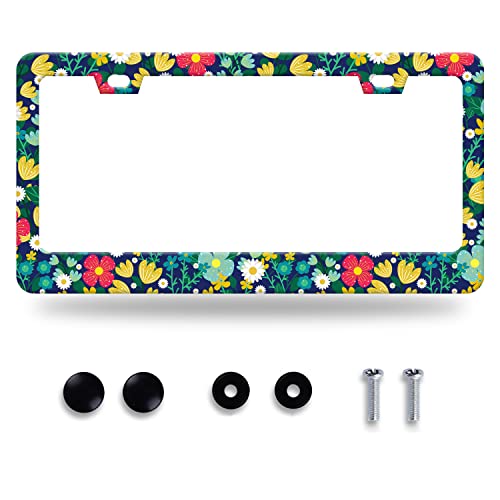 Colorful Flowers License Plate Frame Beautiful Red Yellow Cute Floral License Plate Stainless Steel Auto Parts Funny License Plate Decorative with Screws Size 12.3" x 6.3" Women - color: Cute Floral Colorful Flowers