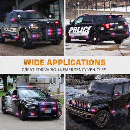 XRIDONSEN 8PCS Sync Grill Police Lights for Truck 32 LED Red Blue Emergency Strobe Lights Flashing Warning Hazard Caution Safety Surface Mount Grille Light for Law Enforcement Vehicles Pickup Car SUV