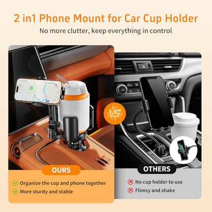 Phone Holders for Your Car, 2 in 1 Cup Holder Phone Mount with Expander, Secure Hold, Adjustable Base and Long Arm with 360°Rotation Car Phone Holder for 4-7‘’ devices and Up to 5.31'' Most Bottles