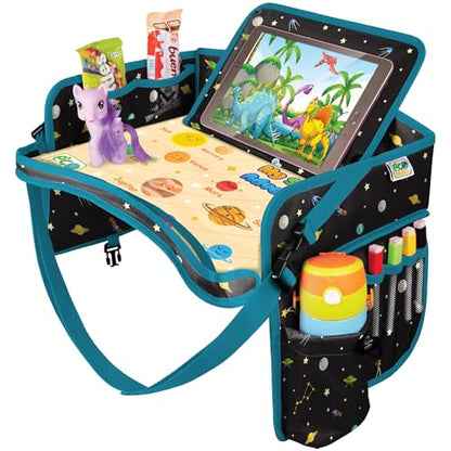 Car Seat Tray for Toddler - Waterproof Carseat Table Top - Kids Travel Tray - Travel and Road Trip Essentials Kids - Lap Desk with Storage -Baby Airplane Travel Accessories (Black) - color: SPACE