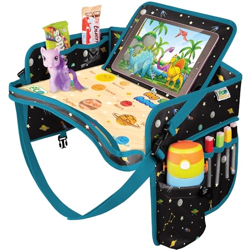 Car Seat Tray for Toddler - Waterproof Carseat Table Top - Kids Travel Tray - Travel and Road Trip Essentials Kids - Lap Desk with Storage -Baby Airplane Travel Accessories (Black) - color: SPACE