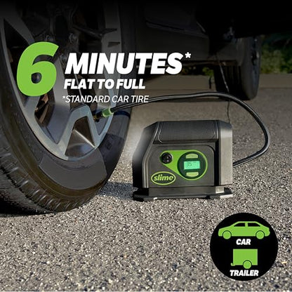 Slime 40088 Tire Inflator, Portable Car Air Compressor, Inflate Right automatic shut off, with Digital 99 psi Display, Long Hose and LED Light, 12V, 6 min inflation - style: Digital
