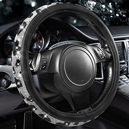 CAR PASS Bling Cow Print Diamond Steering Wheel Cover, with Sparkly Crystal Glitter Rhinestones Black Leather Car Wheel Protect for Women Girl Fit Suvs,Vans,Sedans,Cars,Trucks, 14" 1/2-15" Cow Design - color: Cow Diamond
