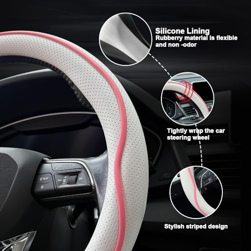 HAOTULE Leather Steering Wheel Cover， with Anti-Slip Stripe Design - Enhanced Grip, Fashion Style, Safe, Non-Slip, Breathable. Upgrade car Interior，White Pink - color: White Pink