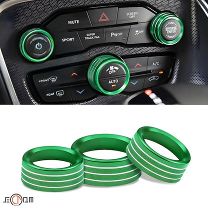 Air Conditioner Switch Button Knob Cover, Car Interior Accessories Radio Volume Control Knob, Aluminum Alloy Trim Rings Compatible with Dodge Challenger Durango 2015-2022 (Green) - color: Green