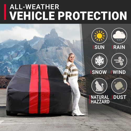 iCarCover Premium Heavy Duty Car Cover - Waterproof All Weather Rain Snow UV Protection, Camaro, Trans AM, XJS, GranTurismo, LXS SC, Firebird, Size C14 (See Size Chart), Stripe - Black/Red - color: Sedan & Coupe - Black/Red, size: C14 for Sedan & Coupe (1