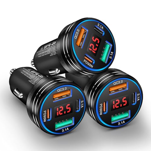 3Pack USB C Car Charger, 65W 4-Port Cigarette Lighter USB Charger with Voltage Display,12-24V Dual USB-C+USB-A Fast Charge Car Phone Plug Adapter for iPhone 17 16 15 14 13 12 Pro Max Plus S25 S24 - color: Black