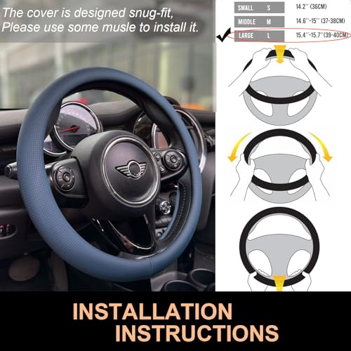 PINCTROT Large Size Nappa Leather Steering Wheel Cover, Slim Fit No Bulk Design, One Piece Leather with Breathable Perforation, Fit Like Gloves, 15.5-15.75 Inch(Nappa Smoky Blue) - color: 03.Smoky Blue, size: Large Size[15 1/2''-15 3/4'']