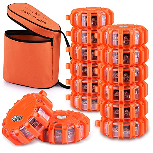 Tobfit 12 Pack LED Road Flares Emergency Lights Roadside Safety Beacon Disc Flashing Warning Flare Kit with Magnetic Base & Hook for Car Truck Boats | 9 Flash Modes (Batteries Not Included) (12) - color: 12 Sets