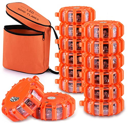 Tobfit 12 Pack LED Road Flares Emergency Lights Roadside Safety Beacon Disc Flashing Warning Flare Kit with Magnetic Base & Hook for Car Truck Boats | 9 Flash Modes (Batteries Not Included) (12) - color: 12 Sets