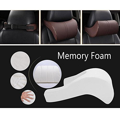 Car Seat Neck Pillow Headrest Head Support Pillow Cushion Pad Soft Memory Foam PU Soft Leather Comfortable with Adjustable Strap - color: Brown