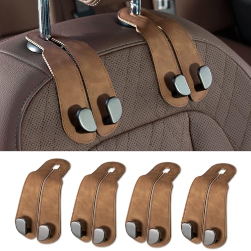 CoBak Purse Hook for Car - Universal Premium Stitched Leather and Aluminum-Magnesium Alloy Double Car Seat Back Storage Hook for Purses, Handbags, Bags (4 Pack),Brown - color: 4pack-Brown, size: Double-Hooks