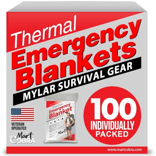 Mart Cobra Emergency Blanket 100-Pack | Reflective Thermal Blanket | Survival Gear | Lightweight Mylar Blankets | Retains 90% Body Heat | Essential for Camping, First Aid, Homeless Care Package Bulk - size: 100 Pack