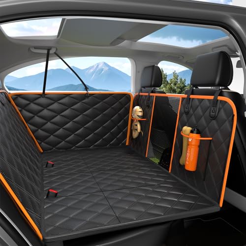 Dog Car Seat Cover for Back Seat, Hard Bottom Back Seat Extender for Dogs - Supports 400lbs,New Waterproof, Scratch Resistant, Anti Slip Portable Dog Hammock,Suitable for Cars, SUVs and Trucks(Orange） - color: Black Orange